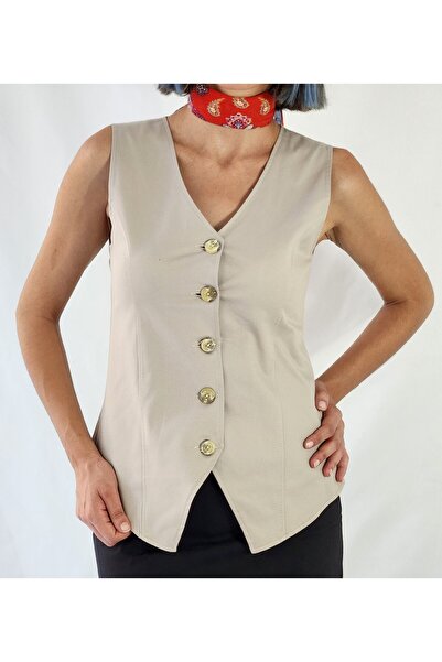 YAXİ V Neck Unlined Beige Woven Vest