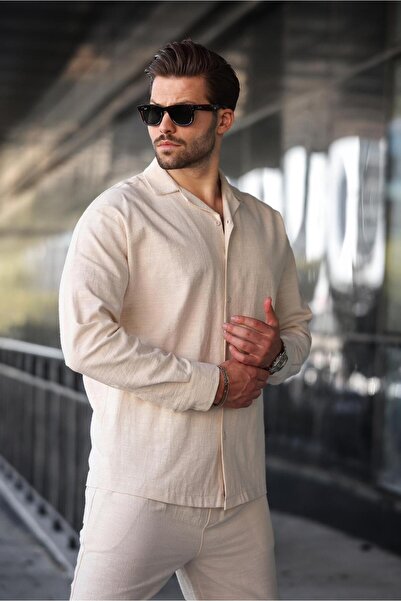 Madmext Beige Relaxed Fit Men's Linen Shirt Pants Set E7327