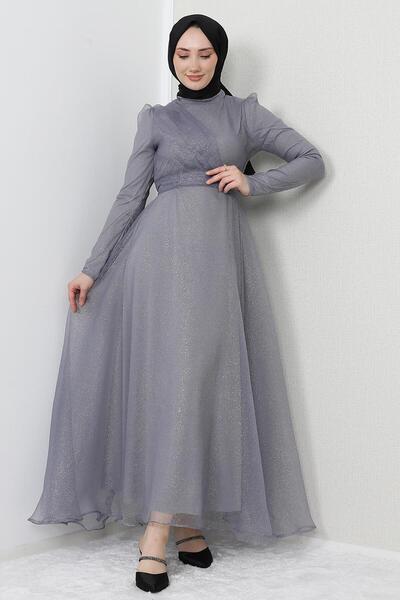 GİYZAMİLA Alara Hijab Evening Dress Gray