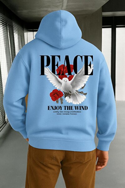BENROMA Hanorac unisex cu glugă, din bumbac pieptănat, cu 3 fire, cu imprimeu PEACE