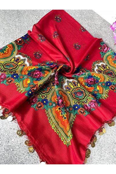 Sobe Hediyelik Mardin Yazması Red Floral Patterned Sequined Headscarf – 100X100 cm