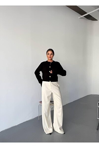 Butik Kadın Syah Kalp Düğmeli Uzun Kol Triko Hırka