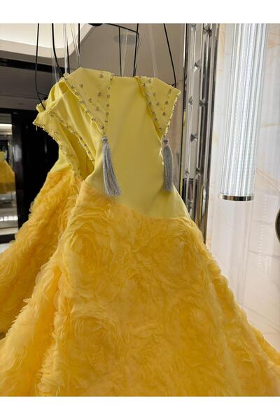 VİVİ Light yellow evening dress with 3D rose design