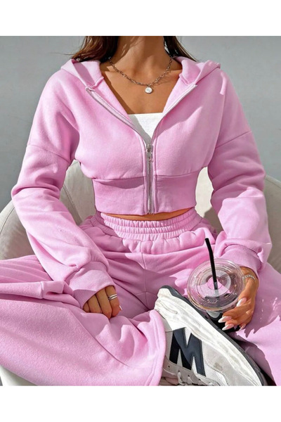 GBRO Yeni Sezon Kadın Crop Kapüşonlu Hırka Eşofman Takımı 2’li Kombin