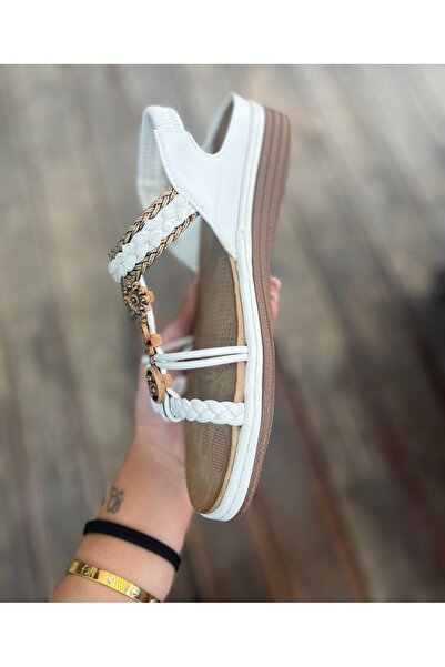 Guja 24Y152 White Women's Stone Colored Orthopedic Comfort Stylish Thin Single Strap Casual Summer Sandals Shoes