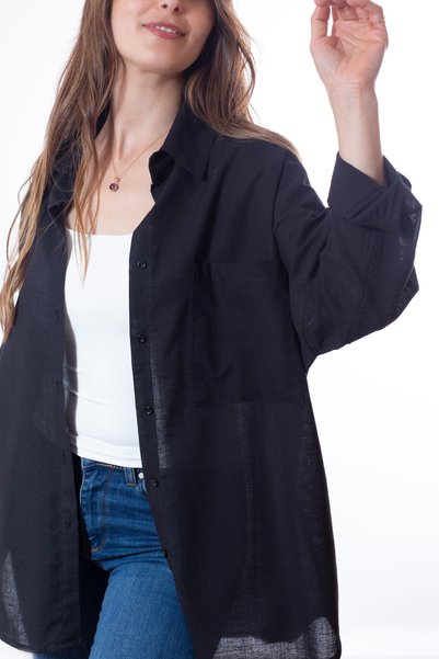 Justime Women's Oversize Cotton Linen Black Shirt (100% Flamed)