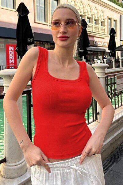 Seeh Red Ribbed Look Basic Tank Top with Straps Sh210