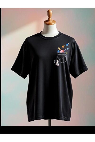 Vordevia Tricou negru supradimensionat cu imprimeu astronaut pe față și pe spate
