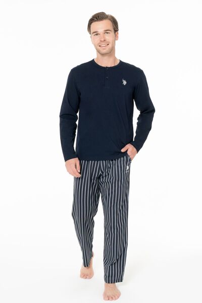 U.S. Polo Assn. U.s Polo Assn. 18994 Чоловічий піжамний комплект з довгими рукавами та коміром на ґудзиках — синій