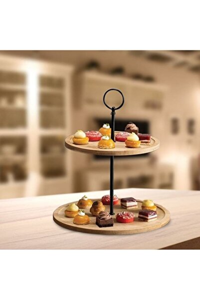 OEM Suport etajat din lemn, 2 niveluri, natur, Ø25/Ø20 cm, H 25 cm, tija metalica – platou pentru pr