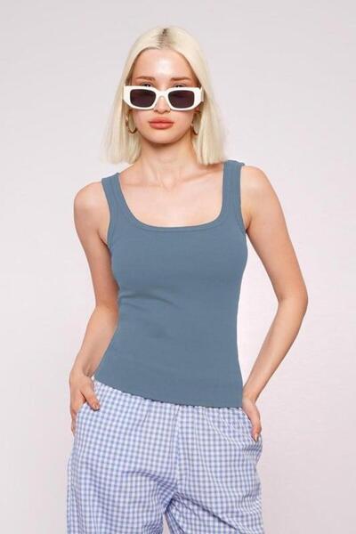 Seeh Indigo Ribbed Look Basic Tank Top with Straps Sh210