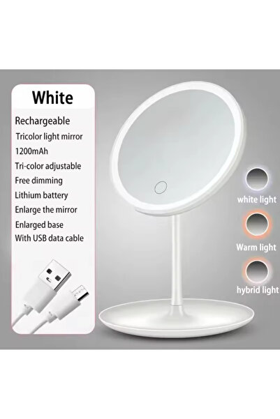 Flash Bazaar 3 Mod Led Işıklı Usb Şarjlı Yuvarlak Masa Üstü Makyaj Aynası Mak...