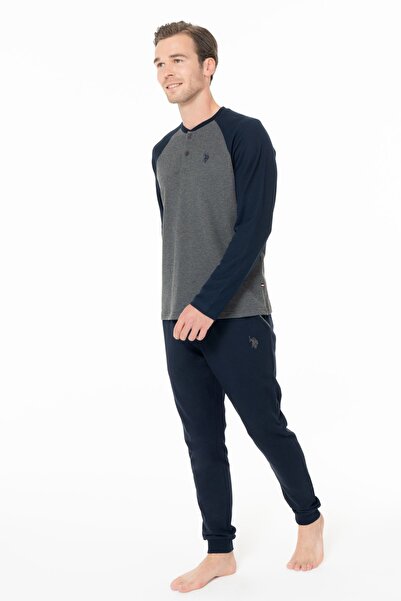 U.S. Polo Assn. U.S. Polo Assn. 18960B Men's Plus Size Long Sleeve Three Button Collar Pajama Set with Banded Legs-Ant