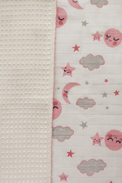 KapsülBebek 100% Cotton Muslin Baby Blanket 100X100 cm - Double Sided Pink Moon and Star Pattern