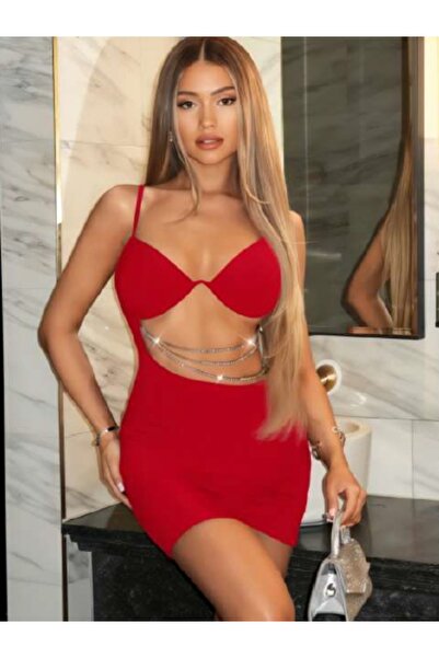 PASSIONE KADIN KIRMIZI ZİNCİR DETAYLI ASKILI GECE ELBİSE