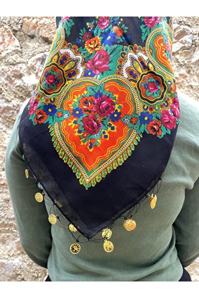 Sobe Hediyelik Mardin Yazması Siyah Zeminde Çiçek Desenli Pullu Başörtüsü – 100x100 cm