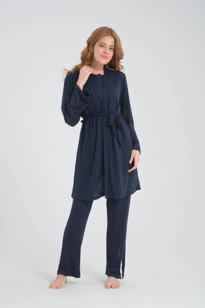 TREND Önden Düğmeli Sabahlıklı Lohusa Hamile Pijama Takımı Lacivert- 2384