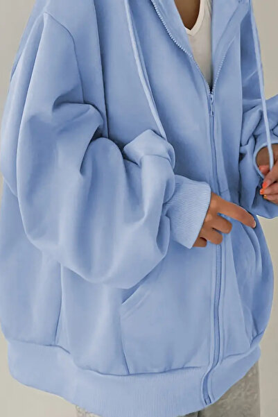 Tarz Cool Φούτερ Unisex με μπλε κουκούλα με φερμουάρ