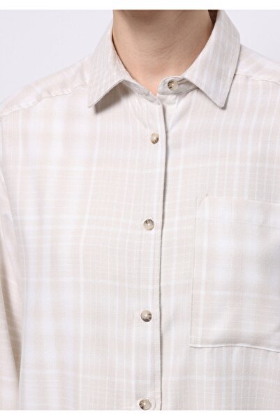 Colin's Relax Fit Shirt Neck Ekoseli Kadın Ekru Uzun Kol Gömlek