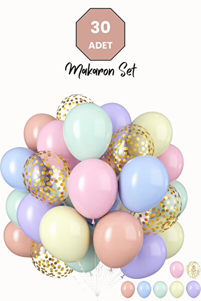 Bunloon Makaron Balon Seti 30 Adet PULLU – 11 İnç Karışık Renk Pastel Parti Süsleme