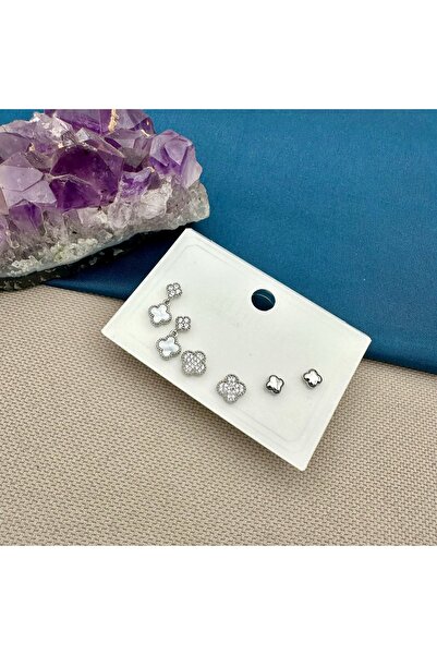 Opia Takı & Aksesuar Silver Yonca Taşlı Çoklu Küpe Seti