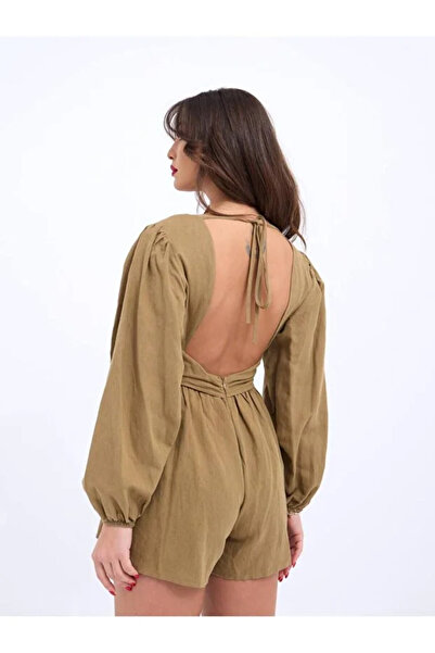 FASHION COCKTAIL Derin V Yaka Belden Oturan Sırt Dekolteli Mini Keten Doğal Kumaşlı Yazlık Tatil Şortlu Tulum