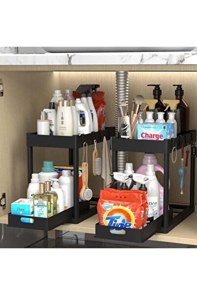 Generic منظم تحت الحوض، منظم سلة من طبقتين أسفل خزانة منزلقة مع درج و4 خطافات، متعدد الاستخدامات