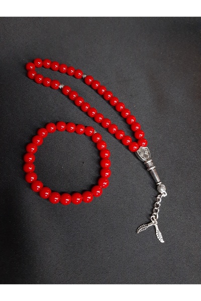 MRYart Red Glass Bead Prayer Beads and Bracelet Set - Stylish Design with 33 Metal Tassels