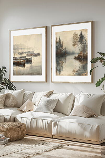 STARYUNA Set de pictură dublă cu efect de acuarelă, cu cadru din lemn, cu vedere la lacul pădurii cu caiac, Yuna387