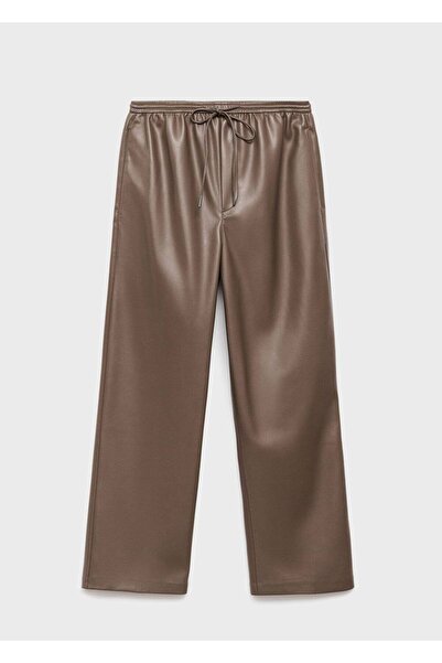 MANGO Woman Deri görünümlü elastik belli pantolon