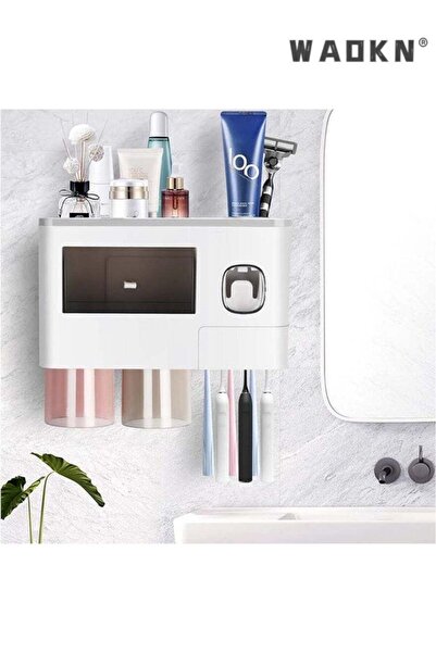 Generic WAOKN Toothpaste Dispenser Wall Mount Toothbrush Holder for Bathroom ,2Cups and 1Drawer Storage Box