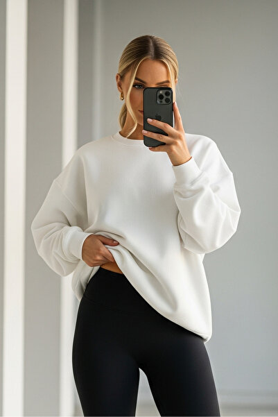 COMBİNE MİCHAİL Women's Oversize Winter Loose White Sweatshirt