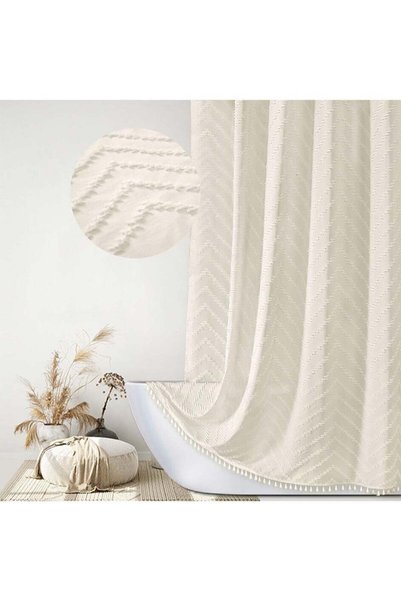 Generic Boho Shower Curtain Beige Tassel Woven Fabric Shower Curtain Modern F...