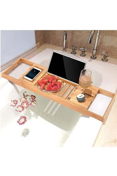 Generic SKY-TOUCH Bathtub Bamboo Stand Holder Adjustable Bath Tray With Luxur...