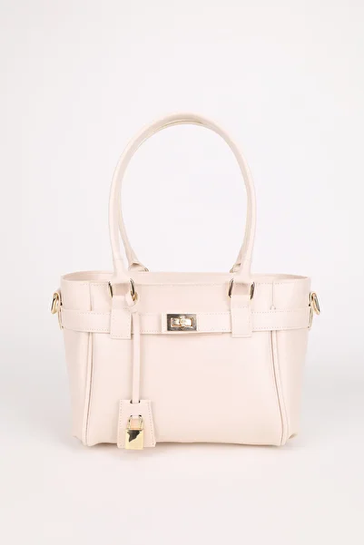 NOTHING Women's Cream Belt and Lock Charm Detailed Zipper Closure Hand and Shoulder Bag Lotus