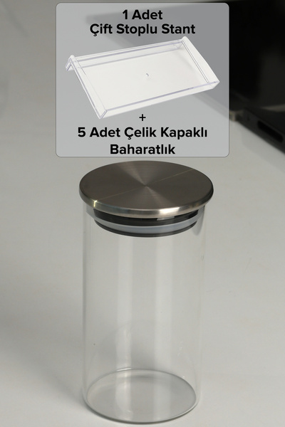 color house 5 عبوات بهارات من البورسليكات (الزجاج) بسعة 300 مل مع أغطية فولاذية و1 قطعة من حامل زجاجي مزدوج الإغلاق