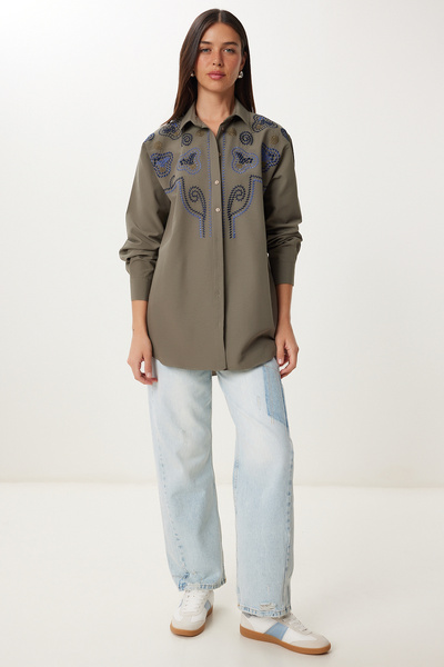 Lovelyİstanbul Embroidered Woven Shirt Lfg0054 Khaki