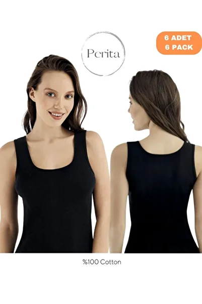 Şahinler Women'S, Basic, Wide Strap, 100% Cotton 6-Piece Ribbed Tank Top