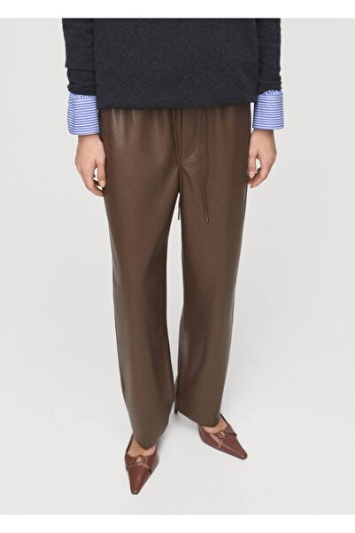 MANGO Woman Deri görünümlü elastik belli pantolon