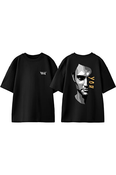 THEWERT Tricou negru oversize din bumbac cu imprimeu pe spate You 2 Design