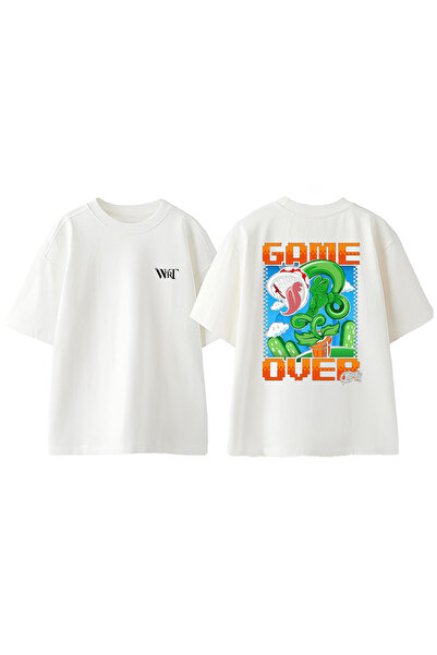 THEWERT Tricou supradimensionat alb din bumbac cu imprimeu pe spate cu design...