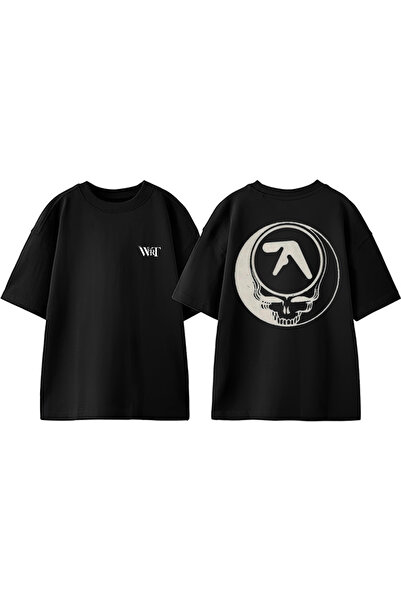 THEWERT Tricou supradimensionat din bumbac negru cu imprimeu pe spate Aphex T...