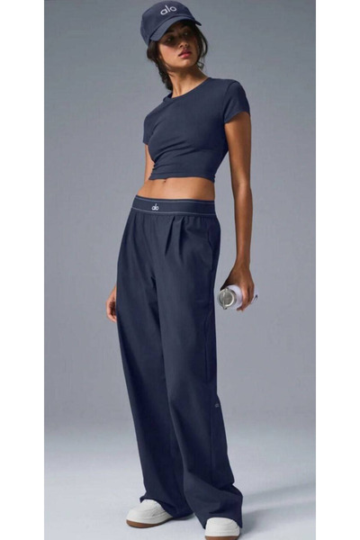 HepsitrentStore Navy Blue Color Comfortable Fit Elastic Waist Wide Leg Trousers