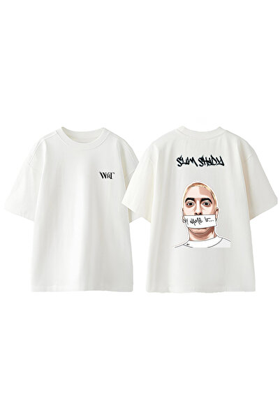 THEWERT تي شيرت أبيض كبير الحجم من القطن مطبوع عليه تصميم Eminem 2 على الظهر
