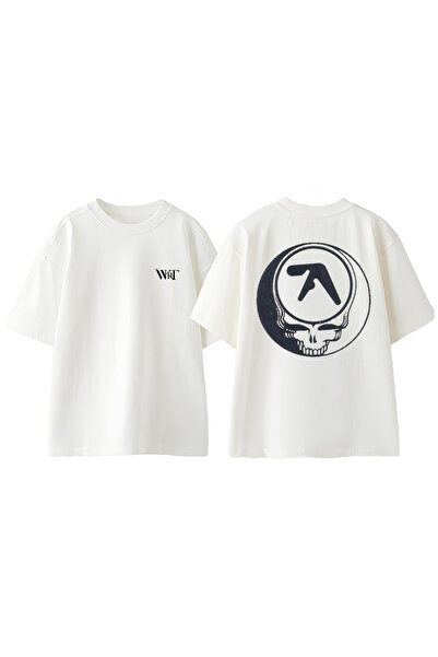 THEWERT Tricou supradimensionat alb din bumbac cu imprimeu pe spate Aphex Twi...