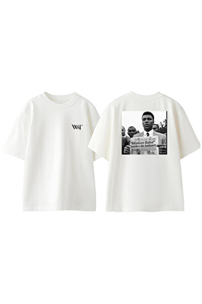 THEWERT Tricou supradimensionat alb din bumbac cu imprimeu pe spate Muhammad ...