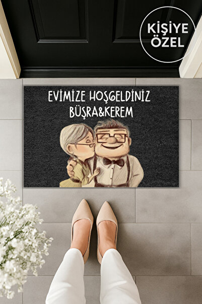 Dormot Modern Dijital Baskı Paspas - Popüler Füme Tatlı Çift İsimli Kişiye Özel Kapı önü Paspas 70x45cm