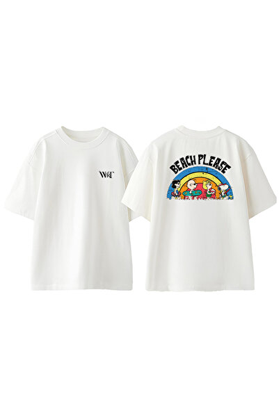 THEWERT Tricou alb supradimensionat din bumbac cu imprimeu pe spate Beach Ple...