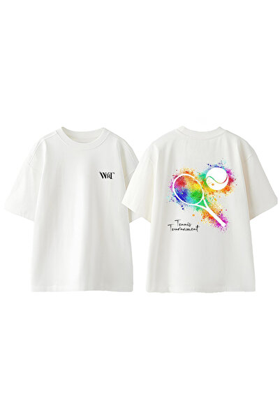 THEWERT تي شيرت قطني أبيض كبير الحجم مطبوع عليه تصميم تنس 4 على الظهر