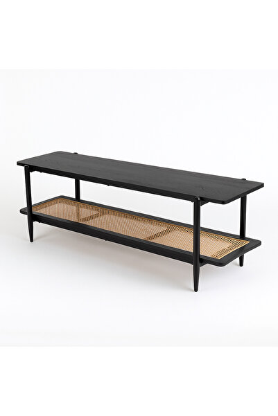 Vi Markets Forge TV Stand Modern Design - Black 160 cm with Rattan Lower Shelf